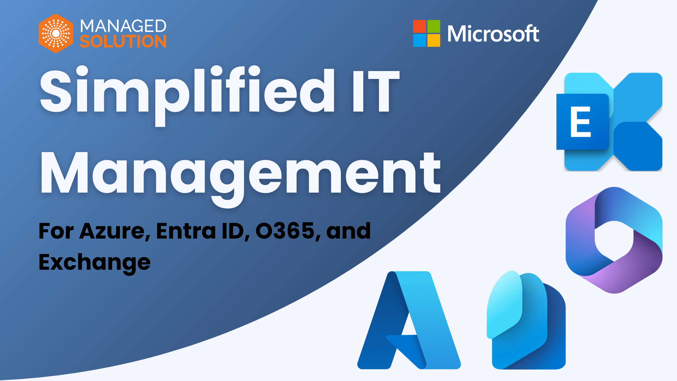 Featured image graphic for simplified IT management blog showing Microsoft Azure, Exchange, Office 365 and Entra ID icons and title of blog